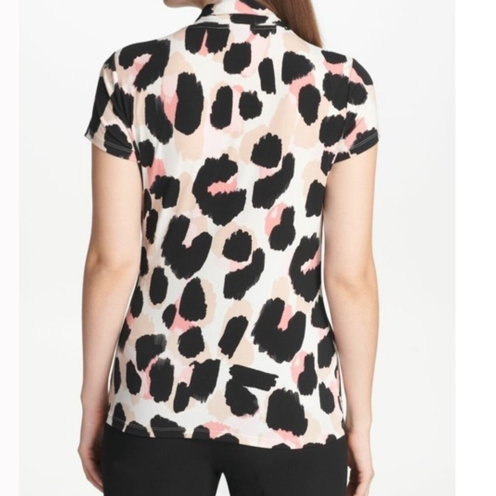 DKNY Dusty Rose & Guava Pink Leopard Ruched Surplice Top - Picture 2 of 8